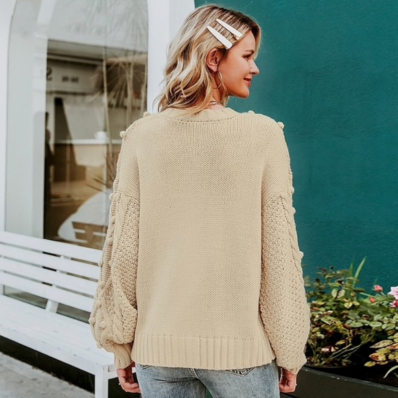 Zip Up Pom Pom Beige Cardigan - Picture 4 of 8